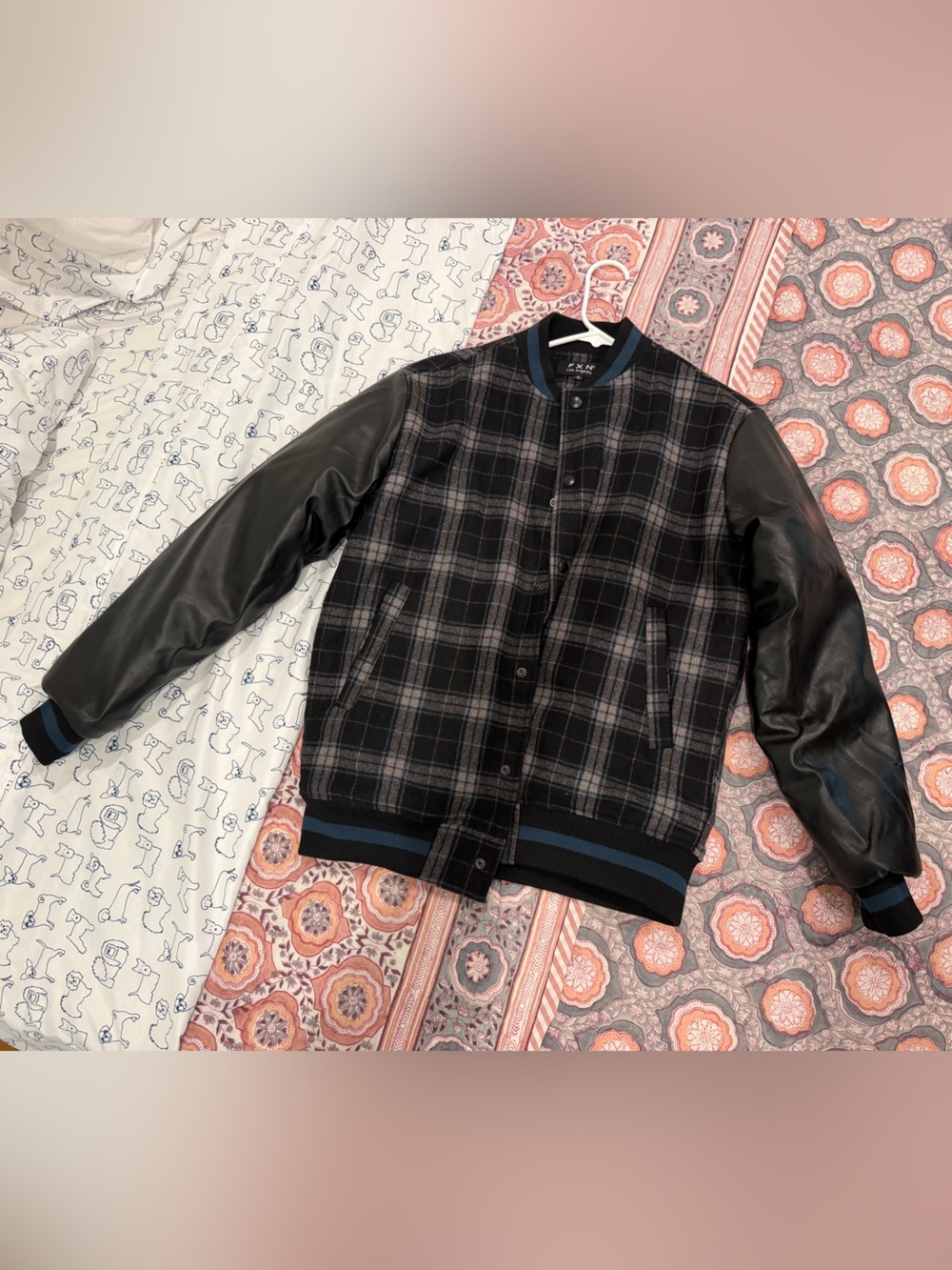 Plaid Bomber Jacket with Black Leather Sleeves - Black/Gray